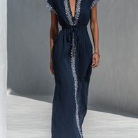 Women’s Navy Blue Linen-Blend Maxi Dress With White Contrast Embroidery & Drawstring Waist MDZ2935D1T