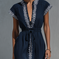Women’s Navy Blue Linen-Blend Maxi Dress With White Contrast Embroidery & Drawstring Waist MDZ2935D1T