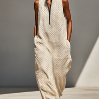 Women’s Beige Polka Dot Linen-Blend Sleeveless Maxi Dress With Stand Collar & Half Placket MDZ2962D6T