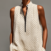 Women’s Beige Polka Dot Linen-Blend Sleeveless Maxi Dress With Stand Collar & Half Placket MDZ2962D6T