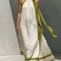 Women’s White Linen-Blend Halter Neck Maxi Dress With Green Contrast Trim & Tie Detail MDZ2932D3T