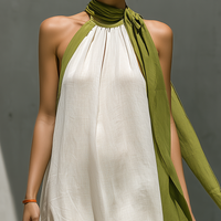 Women’s White Linen-Blend Halter Neck Maxi Dress With Green Contrast Trim & Tie Detail MDZ2932D3T
