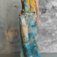 Women's Elegant Watercolor-Print Chiffon Sleeveless Blouse And Skirt Set MDZ2915D7Y