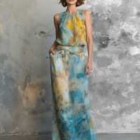 Women's Elegant Watercolor-Print Chiffon Sleeveless Blouse And Skirt Set MDZ2915D7Y