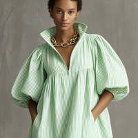Women's Minimalist Striped Puff-Sleeve Zip-Collar Mini Dress MDZ2930D5Y