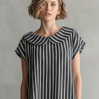 Women's Minimalist Striped Short-Sleeve Straight-Fit Mini Dress With Peter Pan Collar MDZ2999D0Y