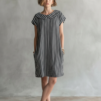Women's Minimalist Striped Short-Sleeve Straight-Fit Mini Dress With Peter Pan Collar MDZ2999D0Y