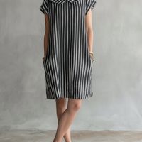 Women's Minimalist Striped Short-Sleeve Straight-Fit Mini Dress With Peter Pan Collar MDZ2999D0Y