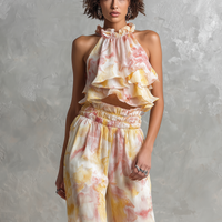 Women's Elegant & Minimalist Sleeveless Blouse With Watercolor Ombré Print And Ruffles, Paired With Straight-Leg Trousers Set MDZ2962D5Y