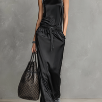 Women's Minimalist Satin Crew Neck Sleeveless Drawstring Maxi Dress MDZ2995D5Y