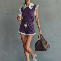 Women's Athleisure Ruffled Sleeveless Sweatshirt & Drawstring Shorts Set MDZ2907D5Y