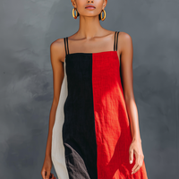 Women's Minimalist Color-Block Linen-Blend Maxi Dress With Square Neck And Spaghetti Straps MDZ2974D6Y