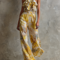 Women's Elegant Watercolor-Print Chiffon Jumpsuit — Halter Neck With Ruffles And Straight-Leg Fit MDZ2940D9Y