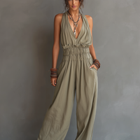 Women's Minimalist Halter-Neck V-Neck Sleeveless Waist-Cinching Jumpsuit MDZ2904D2Y