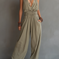 Women's Minimalist Halter-Neck V-Neck Sleeveless Waist-Cinching Jumpsuit MDZ2904D2Y