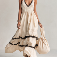 Women's Minimalist Linen-Blend Halter V-Neck Maxi Dress With Lace Trim And Cinched Waist MDZ2937D5Y