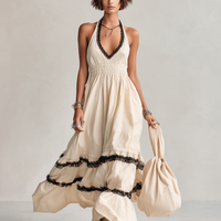 Women's Minimalist Linen-Blend Halter V-Neck Maxi Dress With Lace Trim And Cinched Waist MDZ2937D5Y