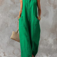 Women's Minimalist Loose-Fit Linen-Blend Jumpsuit — Stand Collar, Sleeveless, Single-Breasted MDZ2928D6Y