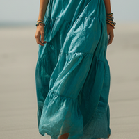 Women's Bohemian-Style Teal Linen-Cotton Tiered Ruffle Spaghetti Strap Maxi Dress MDZ2946D4GMJ
