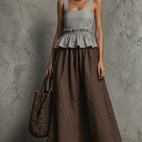 Women's Minimalist Style Gray And Brown Color-Block Linen-Cotton Waist-Tiered Peplum Faux Two-Piece Maxi Dress MDZ2909D4GMJ