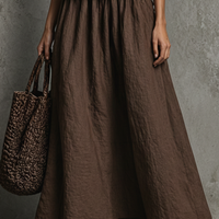 Women's Minimalist Style Gray And Brown Color-Block Linen-Cotton Waist-Tiered Peplum Faux Two-Piece Maxi Dress MDZ2909D4GMJ