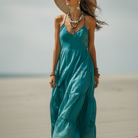 Women's Bohemian-Style Teal Linen-Cotton Tiered Ruffle Spaghetti Strap Maxi Dress MDZ2946D4GMJ
