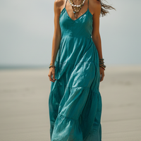 Women's Bohemian-Style Teal Linen-Cotton Tiered Ruffle Spaghetti Strap Maxi Dress MDZ2946D4GMJ
