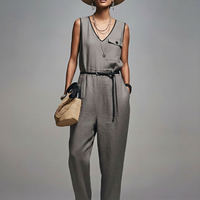 Women's Commuter Style Gray Linen-Cotton Blend V-Neck Contrast Binding Sleeveless Jumpsuit(Belt Not Included) MDZ2950D7GMJ