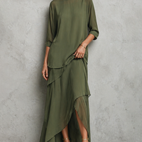 Women's Elegant Olive Green Chiffon Crew Neck Elbow-length Sleeves Top And Asymmetric Maxi Skirt Set MDZ2910D7GMJ