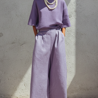 Women's Minimalist Purple Linen-Cotton Blend Loose Crew Neck Top And High-Waisted Wide-Leg Pants Set MDZ2980D2GMJ