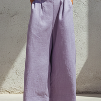 Women's Minimalist Purple Linen-Cotton Blend Loose Crew Neck Top And High-Waisted Wide-Leg Pants Set MDZ2980D2GMJ