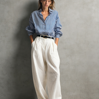 Women's Casual Blue And White Striped Woven Long-Sleeve Shirt And White Cotton-Linen Trousers Set (Belt Not Included) MDZ2960D7LXY