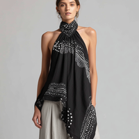 Women's Casual Set: Black Printed Woven Halter-Neck Sleeveless Top Paired With Grey Cotton-Linen Trousers MDZ2987D4LXY