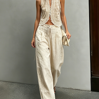 Women's Elegant Beige Lace Round-Neck Sleeveless Vest Paired With Beige Cotton-Linen Trousers MDZ2915D7LXY