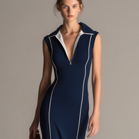 Women's Casual-Sporty Navy Blue Stretch-Knit Sleeveless Maxi Dress With Fold-Down Collar MDZ2937D7LXY