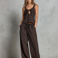 Women's Casual Brown Cotton-Linen Sleeveless Vest With Trousers MDZ2986D9LXY