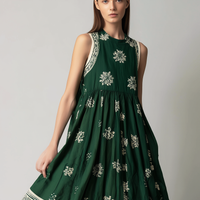 Women's Casual Dark Green Printed Woven Sleeveless Round-Neck Maxi Dress MDZ3003D7LXY