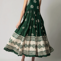 Women's Casual Dark Green Printed Woven Sleeveless Round-Neck Maxi Dress MDZ3003D7LXY