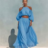 Women’s Blue Tencel Cold-Shoulder Halter Crop Top & Maxi Skirt Two-Piece Set MDZ3071D1T
