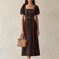 Women's Brown Cotton-Blend Midi Dress With Contrast Stitch & Puff Sleeves, Timeless Casual Summer Dress MDZ3078D5LYL