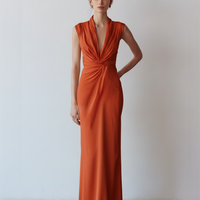 Women's Terracotta Jersey Column Dress With Twist Knot Front & Tailored Silhouette, Contemporary Sophisticated Party Dress MDZ3089D5LYL