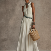 Women's Elegant White Chiffon V-Neck Pleated Sleeveless Maxi Dress(Belt Not Included) MDZ3099D8GMJ