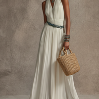 Women's Elegant White Chiffon V-Neck Pleated Sleeveless Maxi Dress(Belt Not Included) MDZ3099D8GMJ