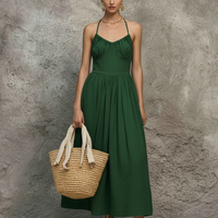 Women's Minimalist Green Cotton-Linen Halterneck Pleated Maxi Dress MDZ3065D9GMJ