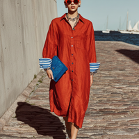 Women's Casual Style Red Cotton Linen Lapel Single-Breasted Button-Down Cuffs Color-Blocked Long Shirt Dress MDZ3065D8GMJ
