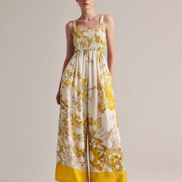 Women's Casual Yellow Printed Woven Sleeveless Spaghetti-Strap Jumpsuit MDZ2965D7LXY