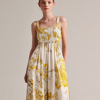 Women's Casual Yellow Printed Woven Sleeveless Spaghetti-Strap Jumpsuit MDZ2965D7LXY