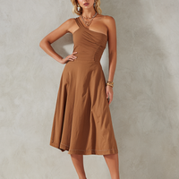Women's Elegant Brown Cotton Blend Off-Shoulder Pleated Patchwork A-Line Midi Dress MDZ3061D2GMJ