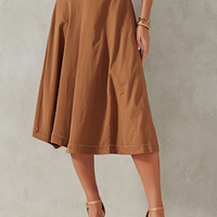 Women's Elegant Brown Cotton Blend Off-Shoulder Pleated Patchwork A-Line Midi Dress MDZ3061D2GMJ