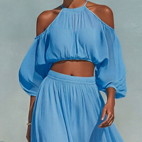 Women’s Blue Tencel Cold-Shoulder Halter Crop Top & Maxi Skirt Two-Piece Set MDZ3071D1T